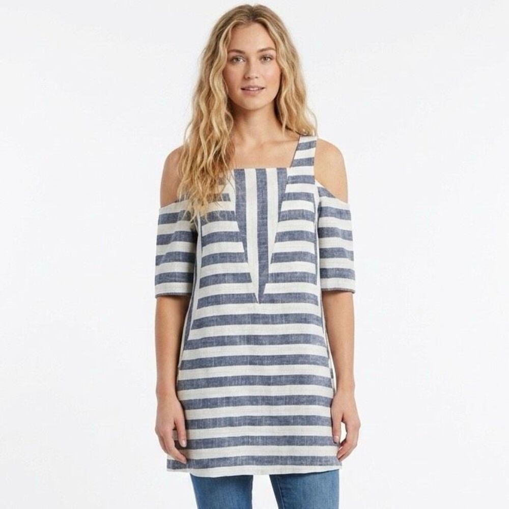Forcynthia Striped Linen Cotton Tunic Dress Cold Shoulder Coastal Resort Small